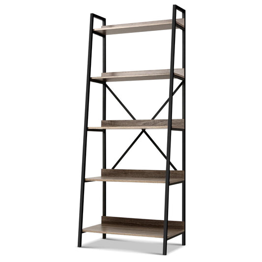 Artiss Bookshelf 5Tier Metal Bookcase Bookshelves Oak Book Shelf Display Storage