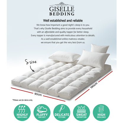 Giselle Single Mattress Topper Pillowtop 1000GSM Microfibre Filling Protector